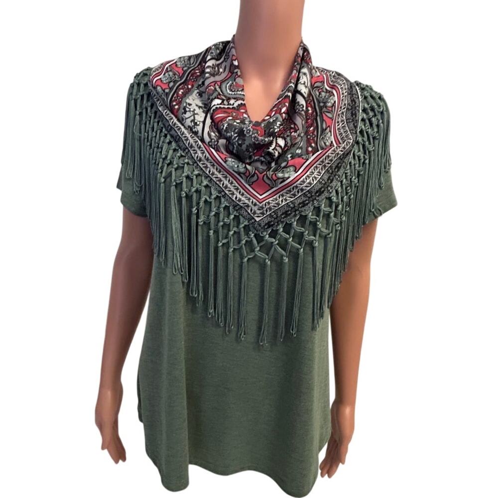 Style & Co Olive Green short sleeve top attached fringe scarf overlay sz PL